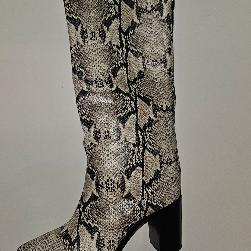 SCHUTZ Black and Cream Snakeskin Heeled Boots